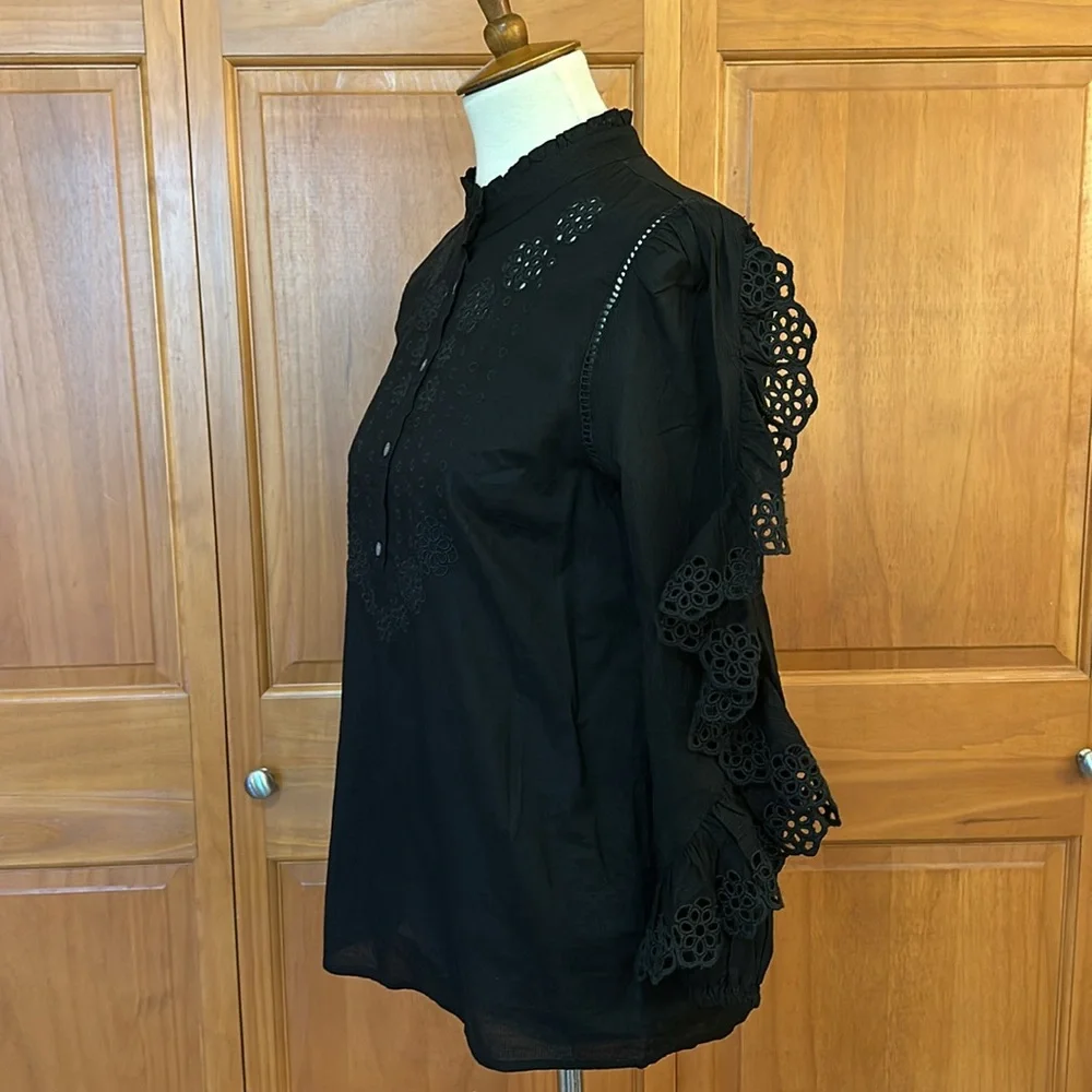 J Crew Black Ruffle Sleeve Top Embroidered Eyelet NWT Size Extra Small